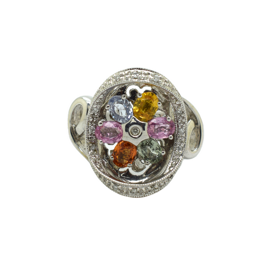 14k Gold Diamond Rainbow Flower Ring 0.13ct